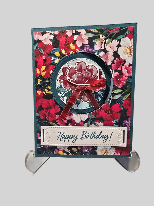 Red & Teal Floral Birthday Card – Handmade