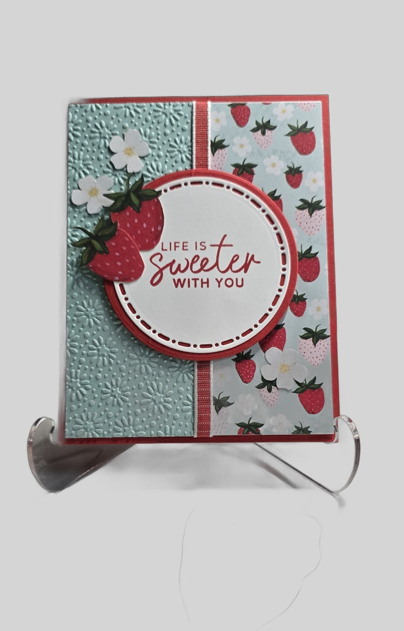 'Life Is Sweeter With You' Strawberry Card – Red & Teal, Handmade