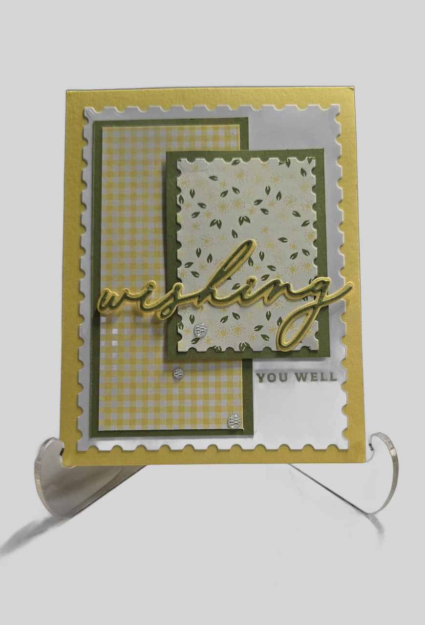 'Wishing You Well' Get Well Card – Yellow Gingham & Green, Handmade