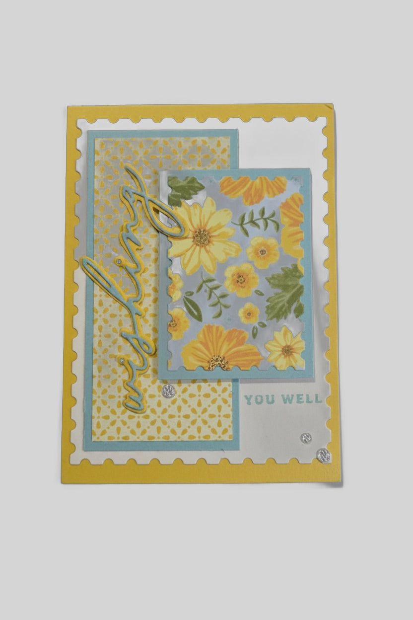 'Wishing You Well' Get Well Card – Yellow Daisy on Blue, Handmade