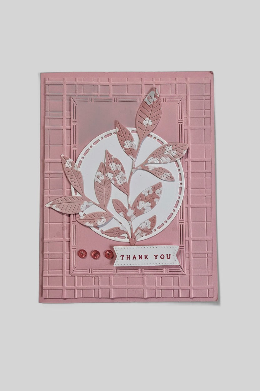 Pink & White Leaf Thank You Card – Handmade