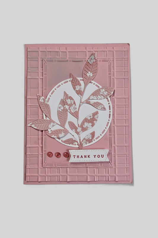 Pink & White Leaf Thank You Card – Handmade